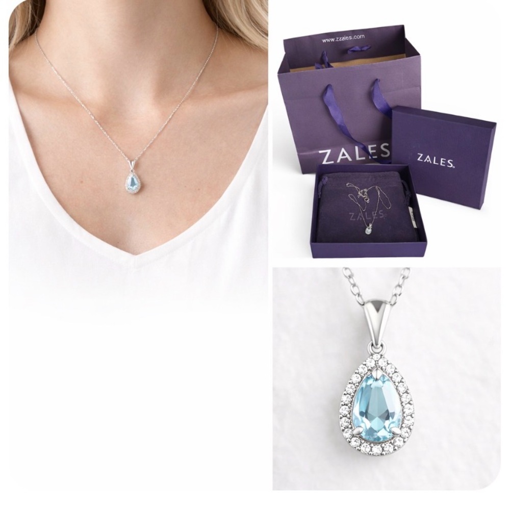 Zales Blue Topaz & Diamond Halo Teardrop Necklace Sterling Silver/Gift Box